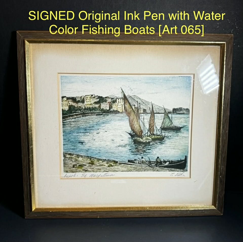 SIGNED Original Ink Pen with Water Color Fishing Boats [Art 065]