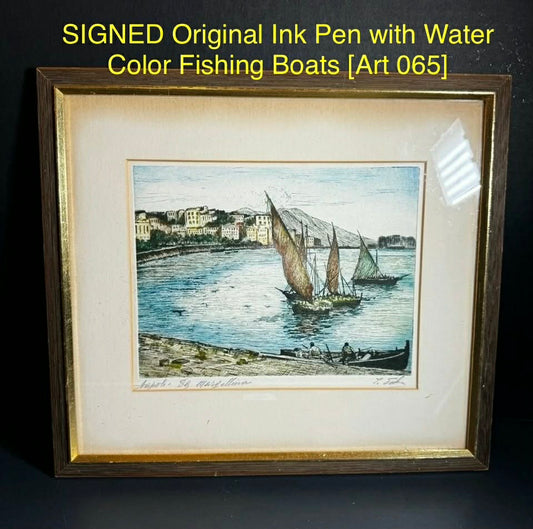 SIGNED Original Ink Pen with Water Color Fishing Boats [Art 065]