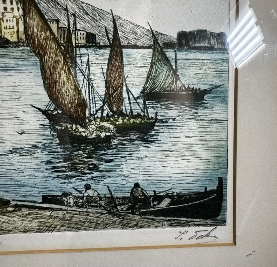 SIGNED Original Ink Pen with Water Color Fishing Boats [Art 065]