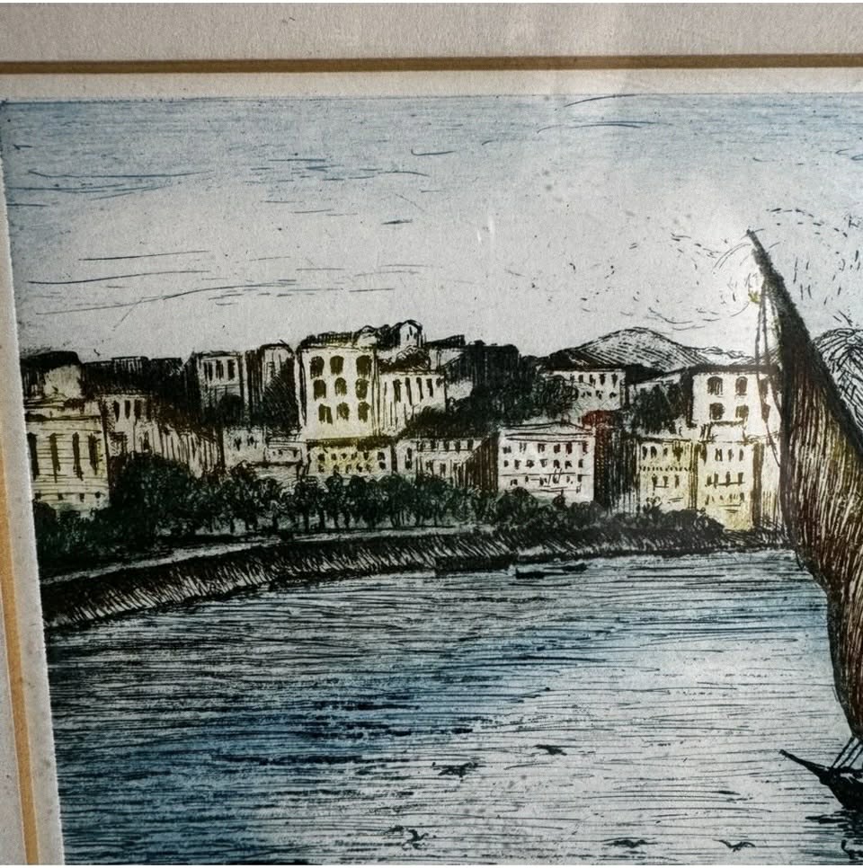 SIGNED Original Ink Pen with Water Color Fishing Boats [Art 065]