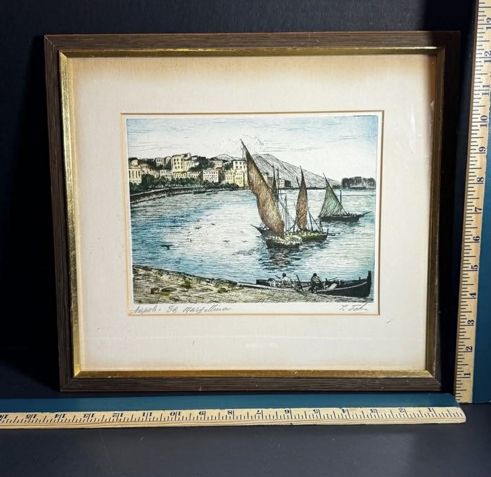 SIGNED Original Ink Pen with Water Color Fishing Boats [Art 065]