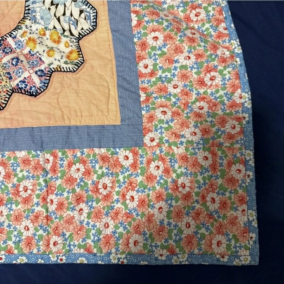 Pink & Blue 78x59 Vintage Quilt - with Hanger Header for Display [Clothing 384]