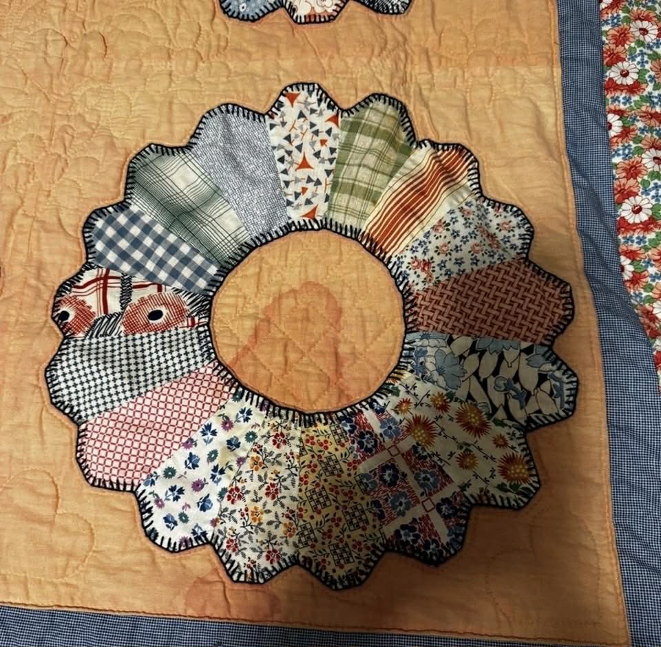 Pink & Blue 78x59 Vintage Quilt - with Hanger Header for Display [Clothing 384]