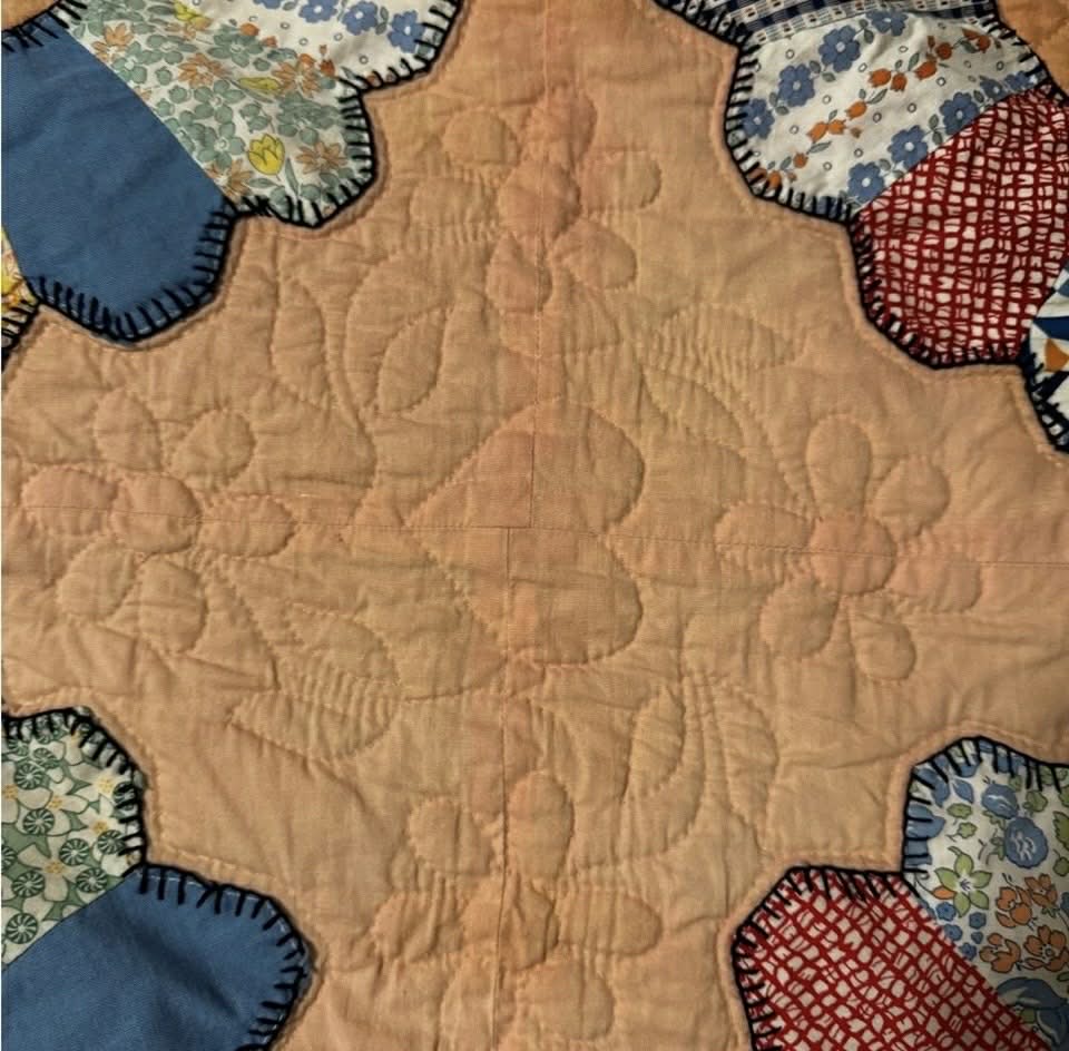 Pink & Blue 78x59 Vintage Quilt - with Hanger Header for Display [Clothing 384]