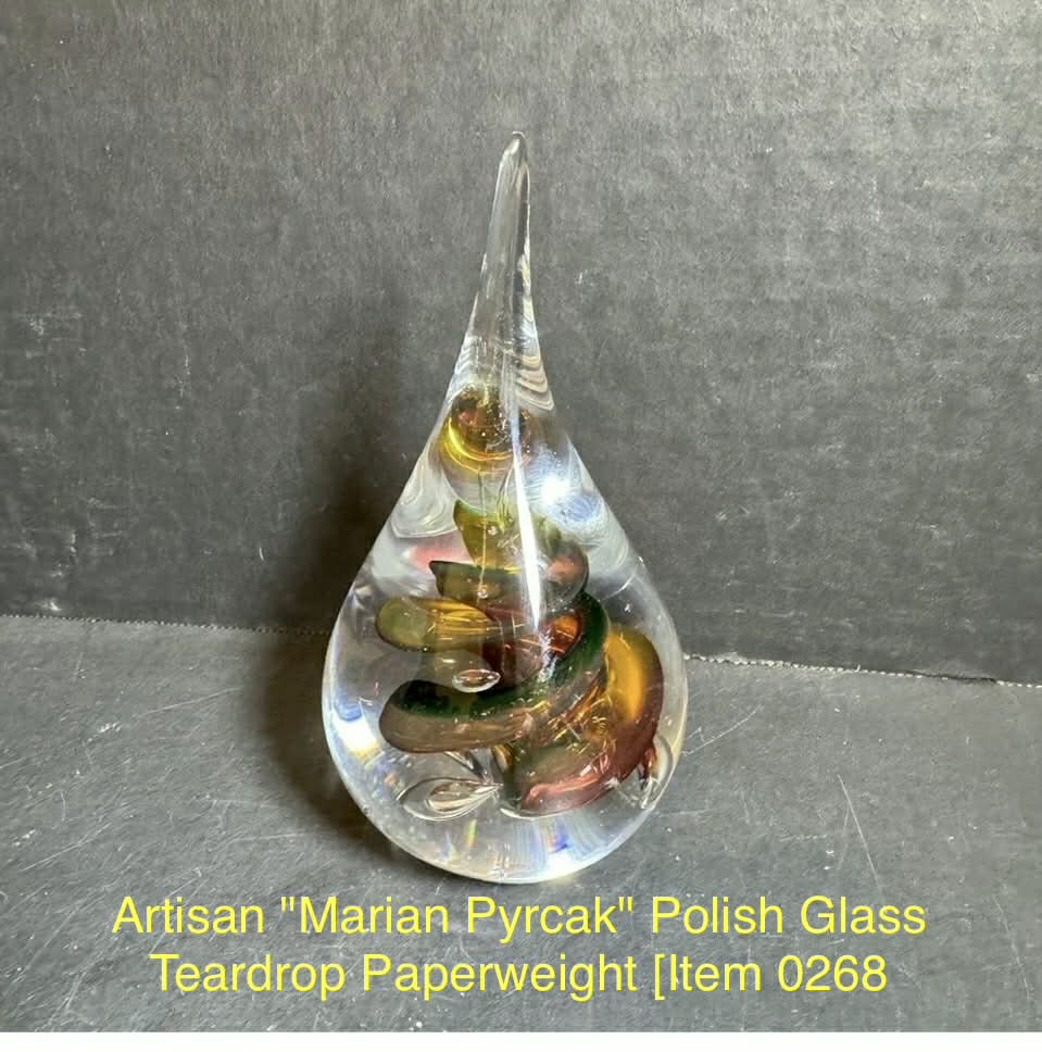 Artisan "Marian Pyrcak" Polish Glass Teardrop Paperweight [Item 0268]