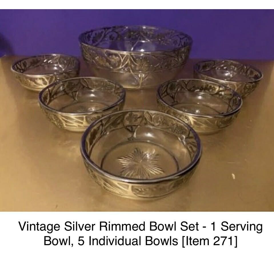 Vintage Silver Rimmed Bowl Set - 1 Serving Bowl, 5 Individual Bowls [Item 271]