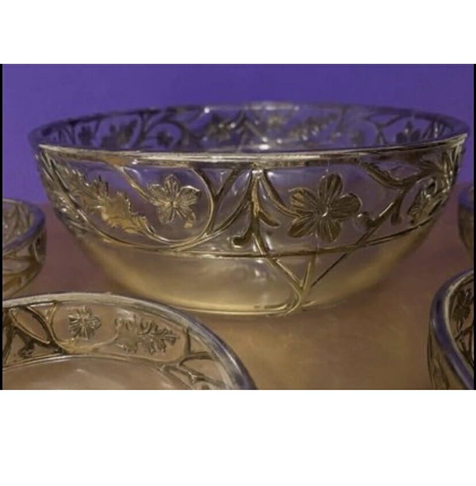 Vintage Silver Rimmed Bowl Set - 1 Serving Bowl, 5 Individual Bowls [Item 271]