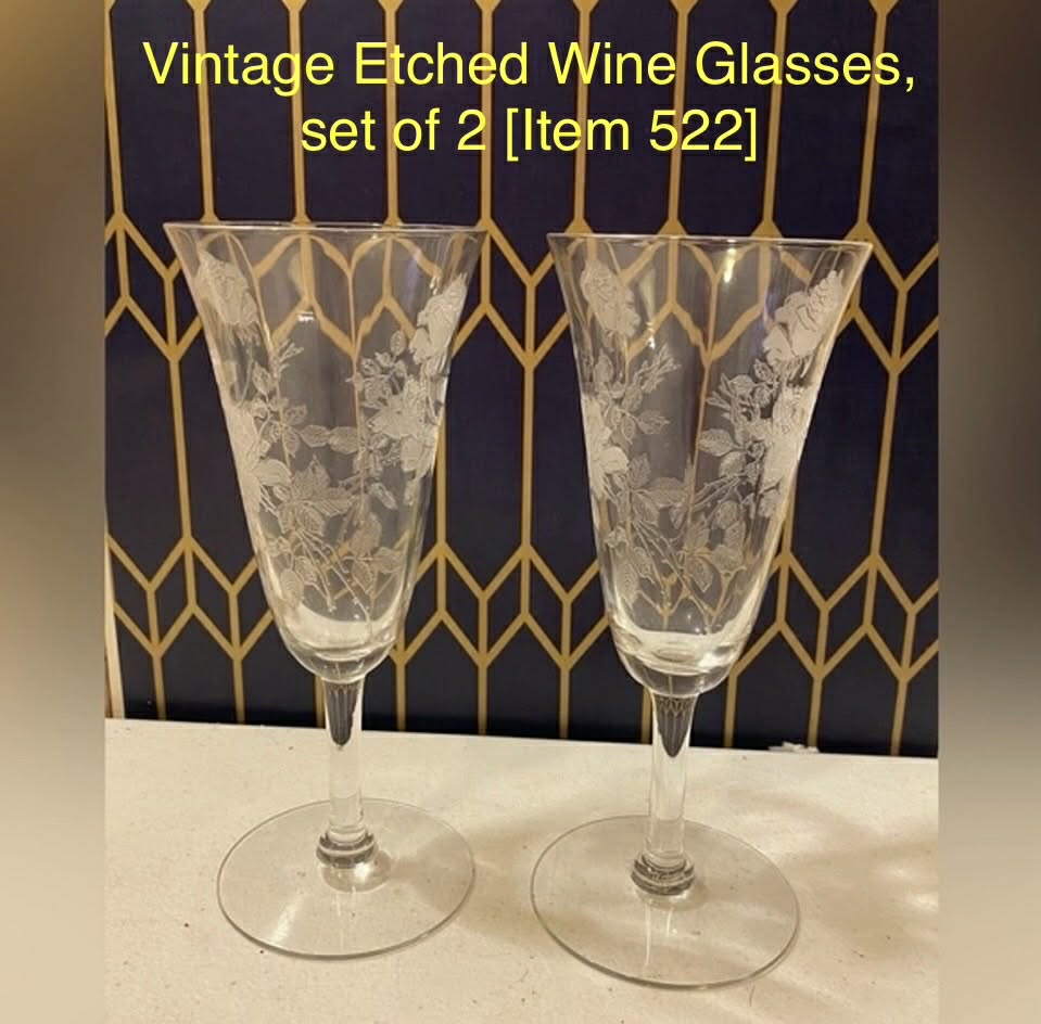 Vintage Etched Wine Glasses, set of 2 [Item 522]