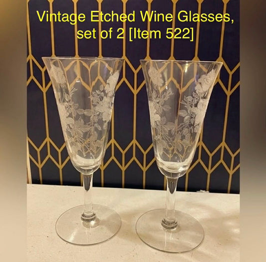 Vintage Etched Wine Glasses, set of 2 [Item 522]