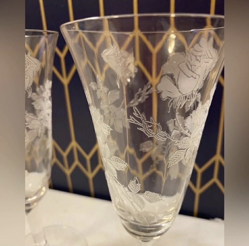 Vintage Etched Wine Glasses, set of 2 [Item 522]