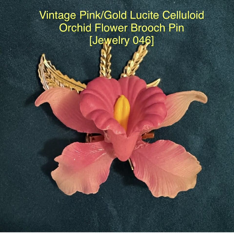 Vintage Pink/Gold Lucite Celluloid Orchid Flower Brooch Pin [Jewelry 046]