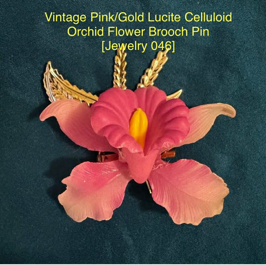 Vintage Pink/Gold Lucite Celluloid Orchid Flower Brooch Pin [Jewelry 046]