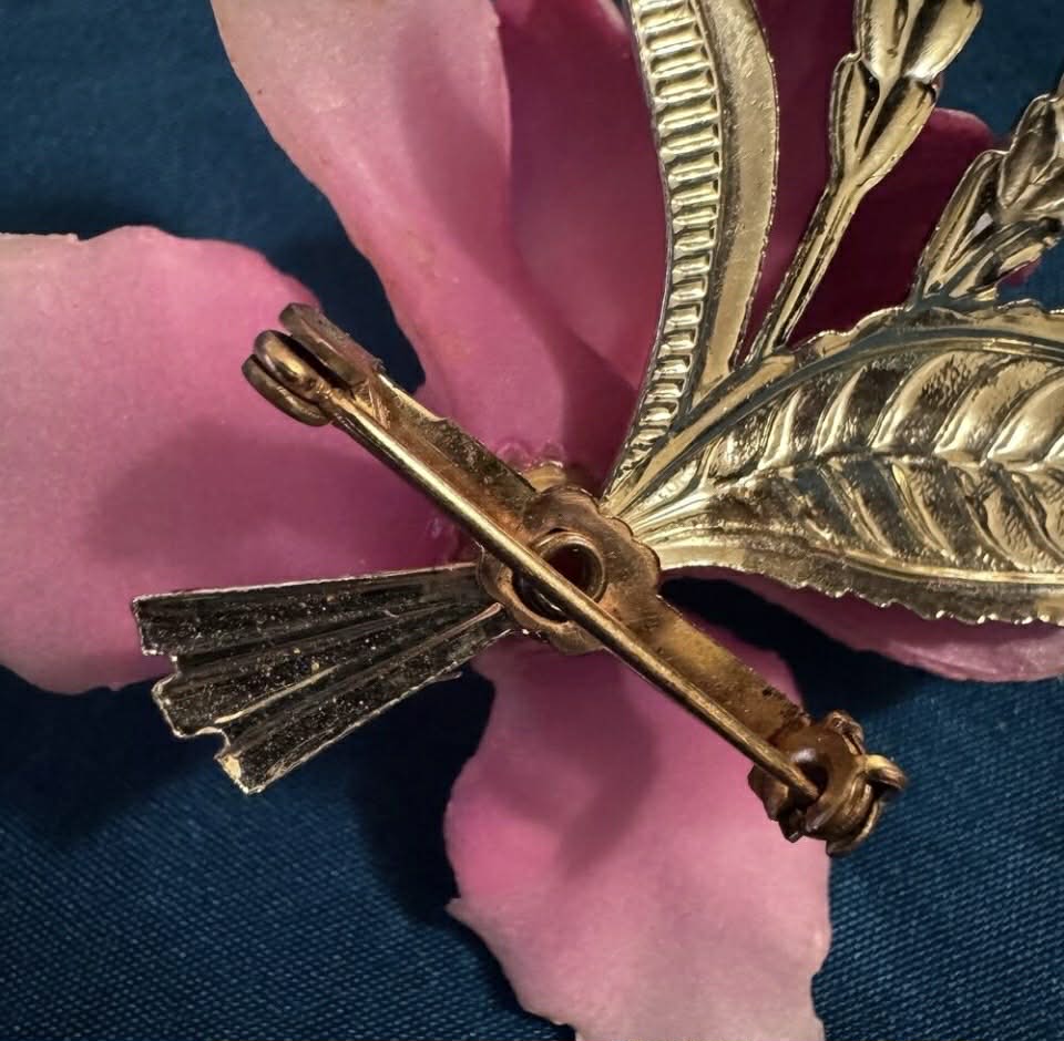 Vintage Pink/Gold Lucite Celluloid Orchid Flower Brooch Pin [Jewelry 046]